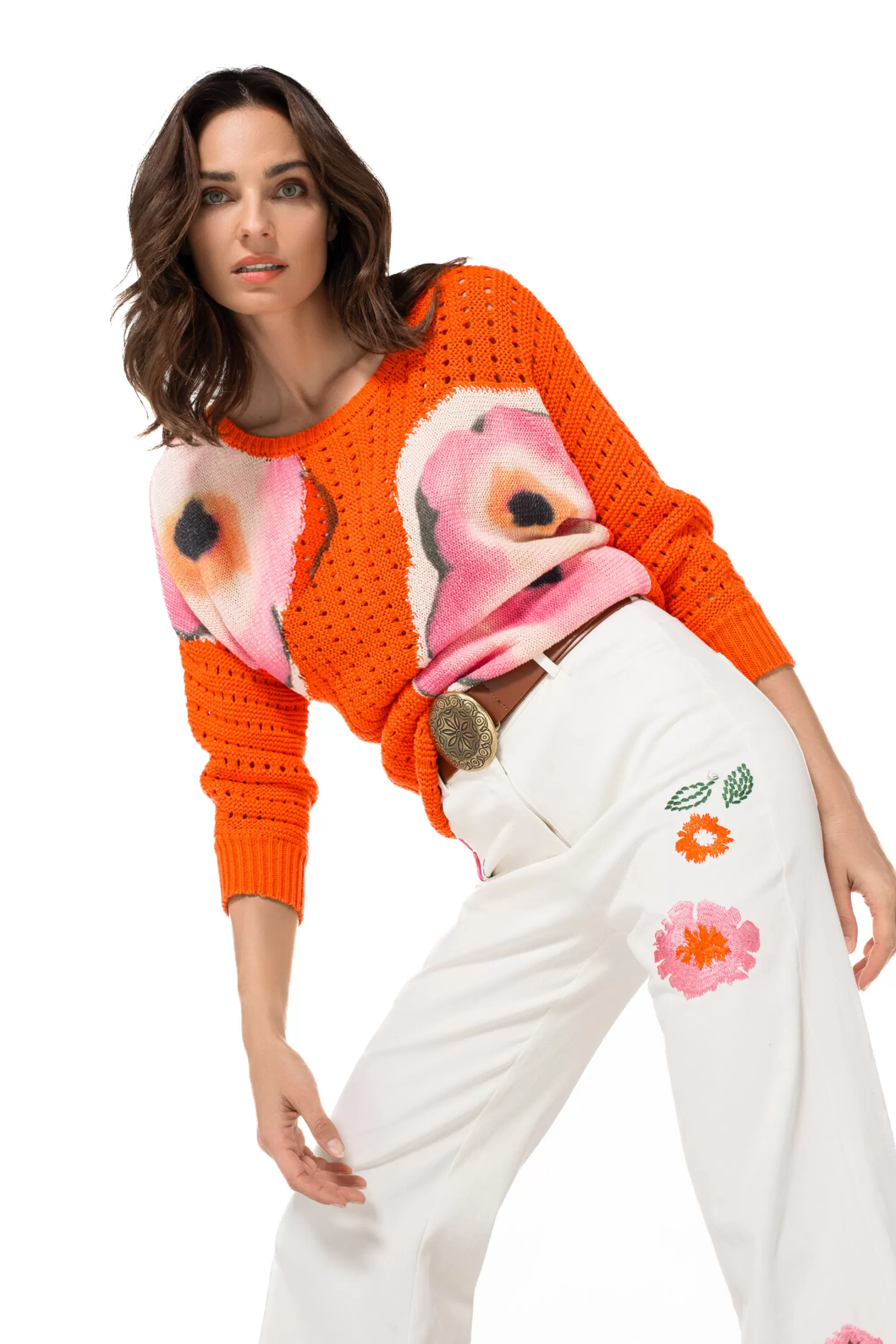 Caroline Biss Broeken*1509-69 / Comfortabele Jeans Met Broderie, Flared Leg, Normal Waist